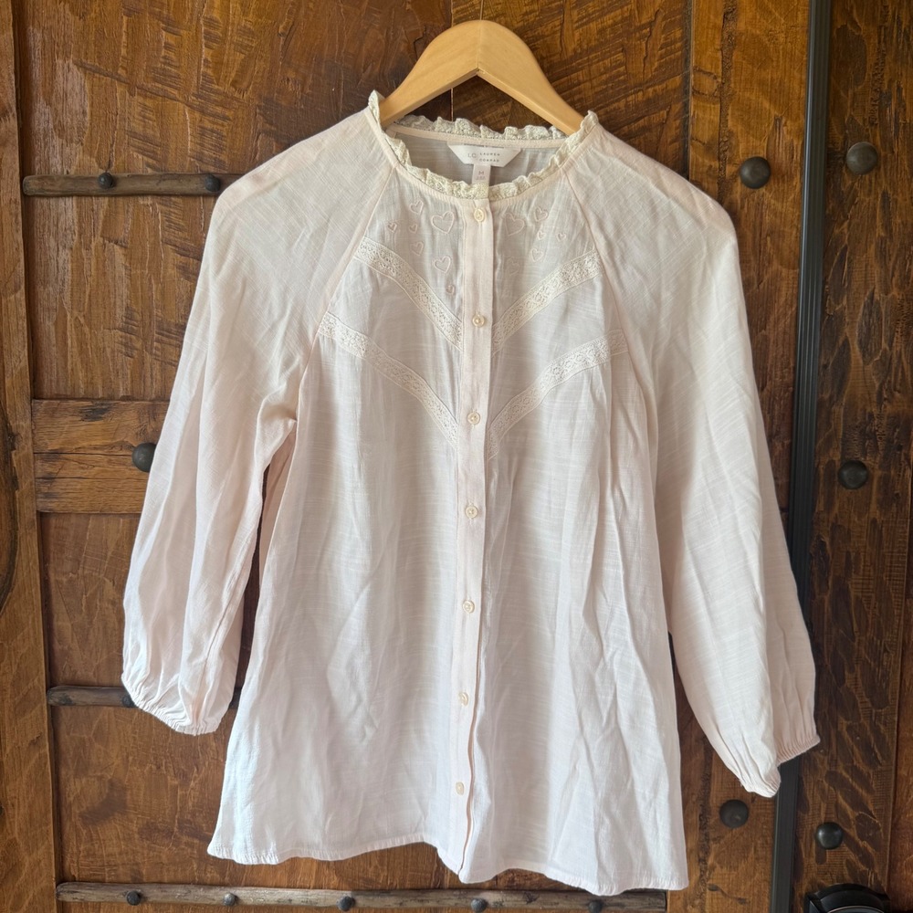 Lauren Conrad Blouse Womens M Pink Lace Heart Embroidered Long Sleeve Coquette